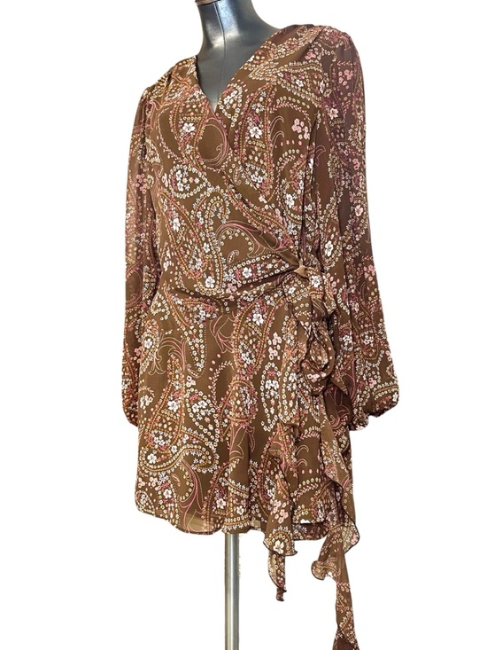 Abercrombie & Fitch Dresses & Skirts - Abercrombie & Fitch Paisley Wrap Dress Brown Pink Floral Ruffle Hem Boho Women’s